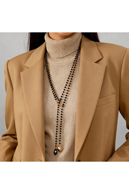 NC25Y1098 Bohemian Black Beads Long Tassel Sweater Chain Necklace for Women Love H