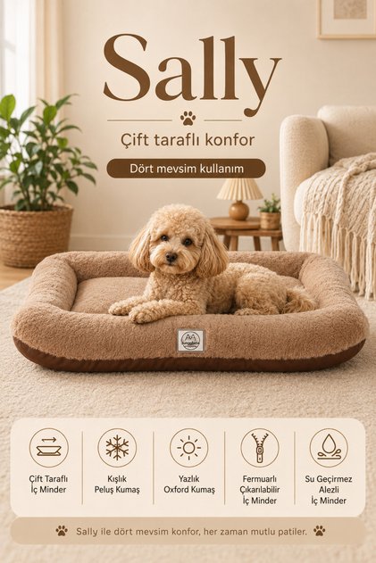 Sally, %100 Su Geçirmez Alezli, Çift Taraflı, Dört Mevsim Kullanılabilen Kedi ve Köpek Yatağı