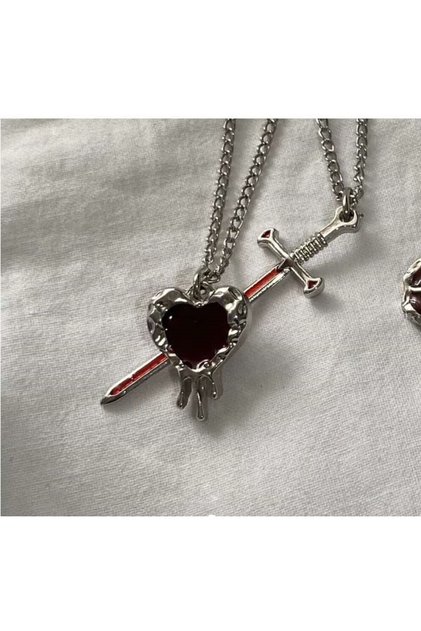 Gothic Gothic Sword and Heart Drop Detail 2-Piece Couple Necklace Friendship Couple Necklace Lover Necklace