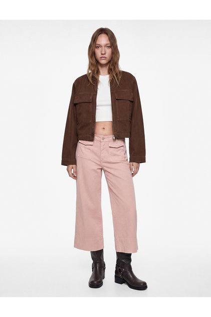 Pantaloni din bumbac cu nasturi, talie normală, buzunare și picior larg - Blugi tip culotte