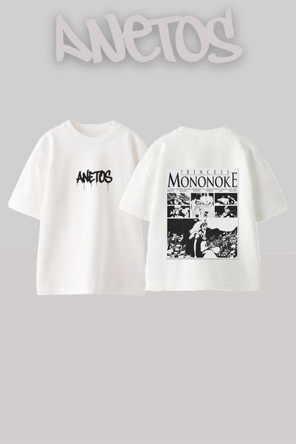 Princess Mononoke Tasarım Sırt Baskılı Pamuk Beyaz Oversize T-shirt