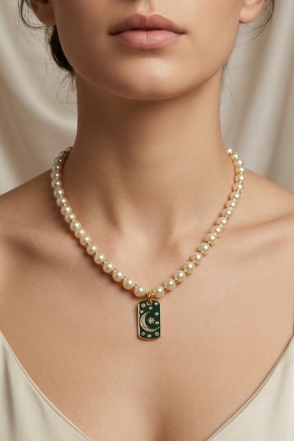 Glass Pearl Stone Moon Star Necklace