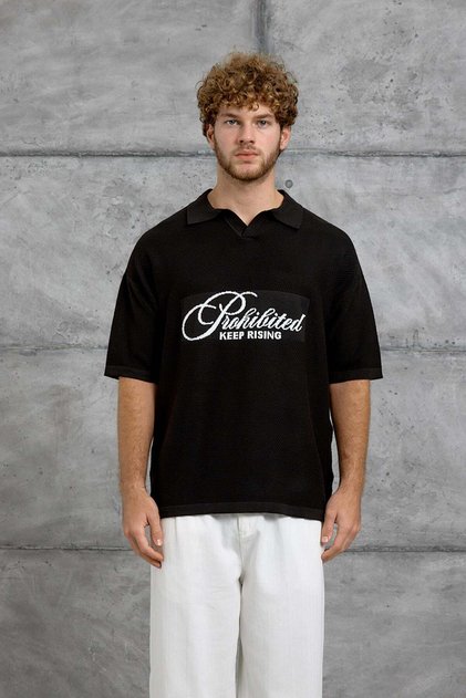 Men's T-Shirt Dp Keep Bakili Tri̇ko Black Oversize Polo Collar Knitwear