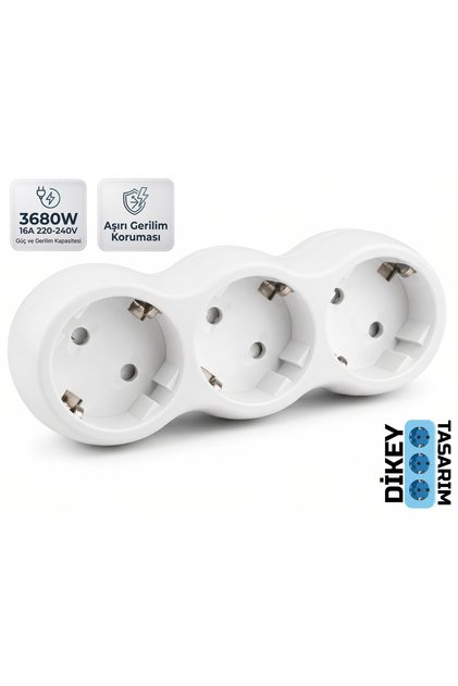 3'Lü Termal Akım Korumalı Dikey Priz / 3680 Watt / Çocuk Koruması / Aşırı Gerilim Koruması