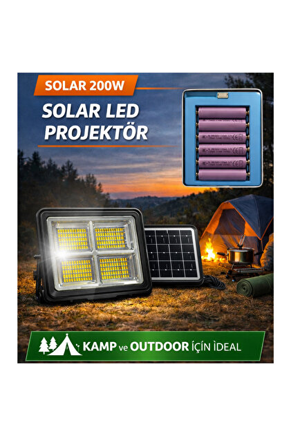Solar LED Şarjlı Projektör 200W Güneş Enerjili Taşınabilir Solar Panelli 3 Renk Işıklı Çakar Fonksiyonlu Fener Özellikli Değiştirilebilir Dahili Pilli Kamp Bahçe Dış Mekan Projektör