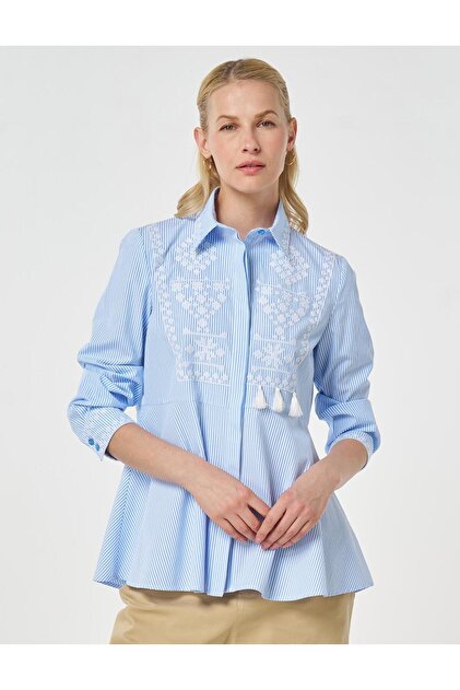 Ethnic Pattern Cotton Blouse Blue