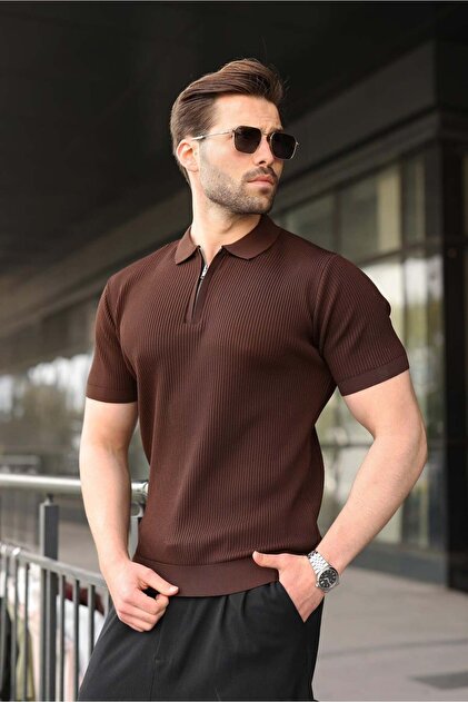 Brown Half Zipper Detailed Polo Collar Knitwear Men's T-Shirt E7492
