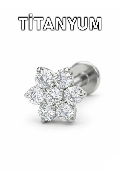 Titanyum Kristal Taşlar Papatya Tragus Helix Kıkırdak Kulak Lobe Piercingi (1 Adet)