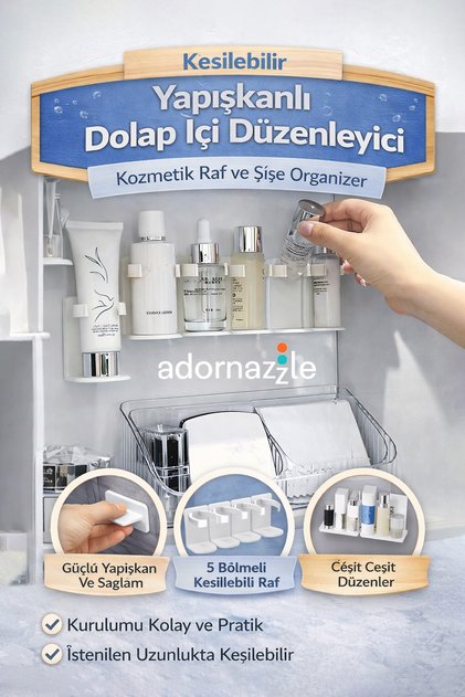 Kesilebilir Yapışkanlı Dolap İçi Düzenleyici, 5 Bölmeli Krem Raf, Kozmetik Raf ve Şişe Organizer