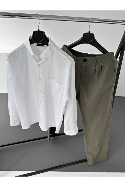 Linen White Shirt g Khaki Baggy Pants Oversize Set