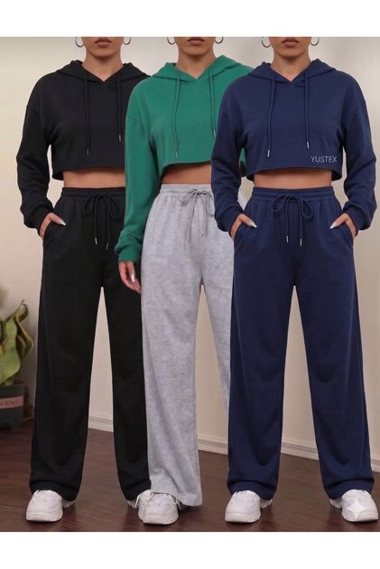 3-Piece Women's Wide-Leg Sweatpants 3-Pack - Black Gray Navy Blue - Comfortable Cut High-Waisted Sweatpants