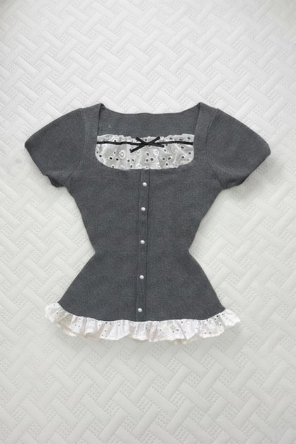 Body cu mânecă scurtă Y2K, cu volane și dantelă, cu guler detaliat, stil vintage coquette