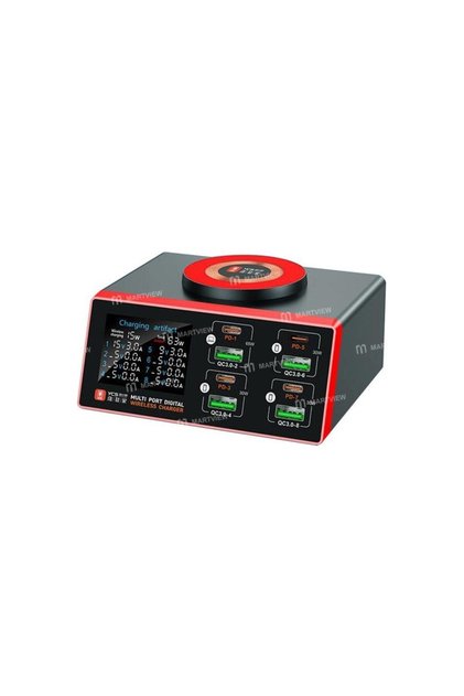 YCS-S600 155W 8 Portlu Qc3.0+Pd Dijital Ekranlı Hızlı Masaüstü Şarj Istasyonu, Kablosuz Şarj Özelliğiyle