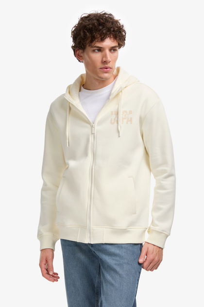 U.S. Polo Assn. Erkek Comfort Fit Fermuarlı Kapüşonlu Krem Örme