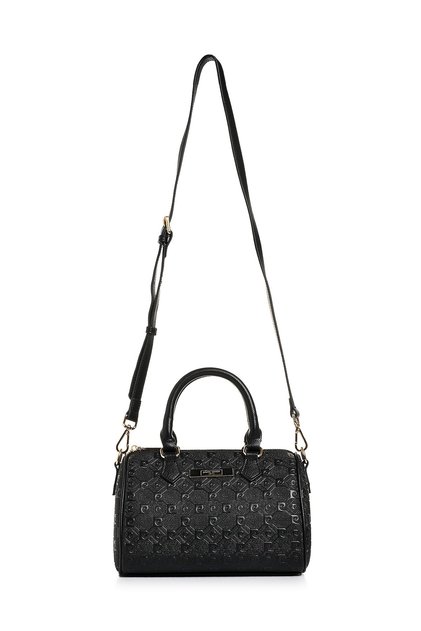 Women's Black Embossed Patterned Shoulder Bag with Adjustable Strap