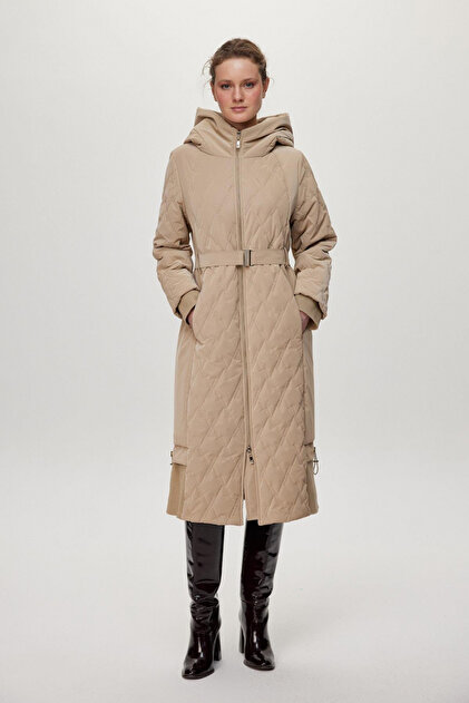 Hooded Belted Detailed Quilted Coat Beige 13973