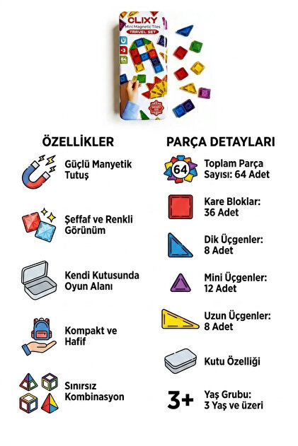 CLIXY Mini Manyetik Bloklar 64 Parça Travel Set | Şeffaf Renkli