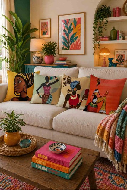 Ethnic African Female Figure Patterned Double-Sided Print 4-Piece Throw Pillow Cover