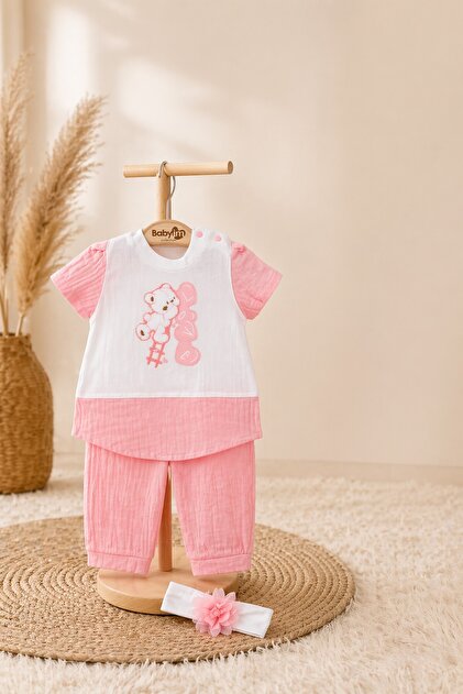 Baby Girl 3-Piece Set Teddy Bear Embroidered Bandana Top and Bottom Set 0 3 6 9 Months