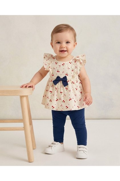 Baby Girl Summer Cherry Printed Muslin Blouse and Leggings 1-2-3 Years Old Festive Stylish Baby Set