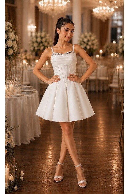 Erkut Girl's Cream Color Crepe Fabric Short Evening Dress- Trendyol