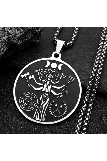 Tanrıça Hecate Özel Tasarım Çelik Wiccan Kolye