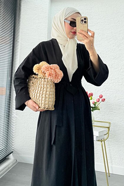 MELEK ARAZ Premium Natural Aysha Keten Abaya Takım – Siyah