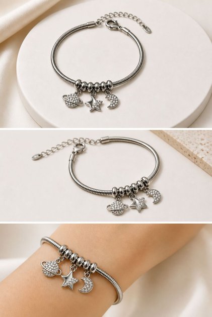 Premium Women's Silver Color Zircon Stone Cosmo Shine Saturn Moon Star Charm Bracelet
