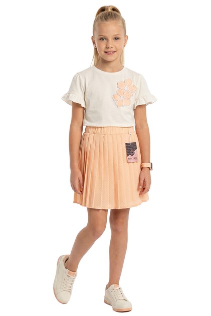 Girl's Floral Appliqué T-Shirt and Polka Dot Pleated Skirt 2-Piece Set 6-9 Years