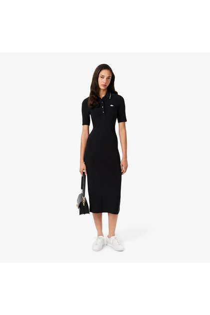 Kadın Slim Fit Kısa Kollu Polo Yaka Siyah Elbise