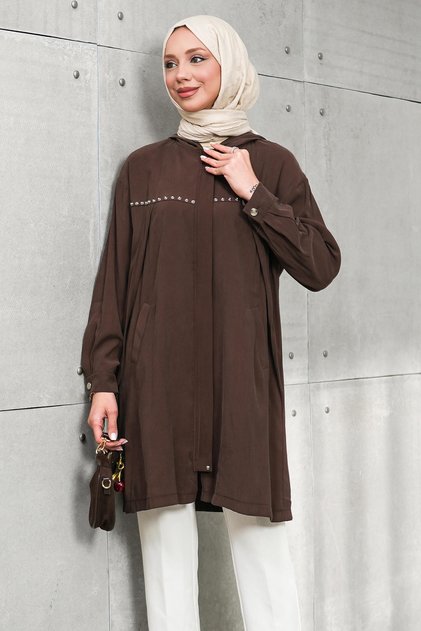 Brown Hooded Tunic with Hidden Zipper