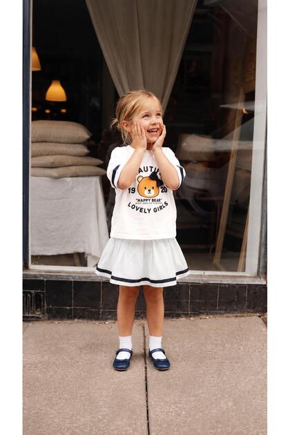 Girl's Teddy Printed Top, Cream Bottom Skirt, White Set