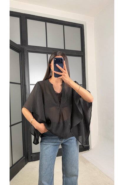 Black Stone Detailed V-Neck Bat Sleeve Blouse - 202643