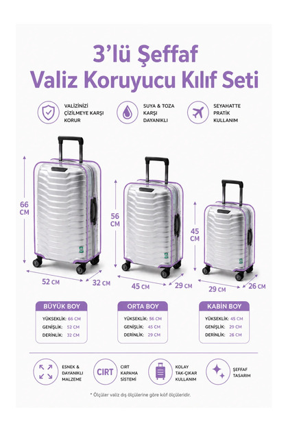 Transparent Luggage Protective Cover and Suitcase Protective Cover - Set of 3 (Large + Medium + Cabin) * Lila *