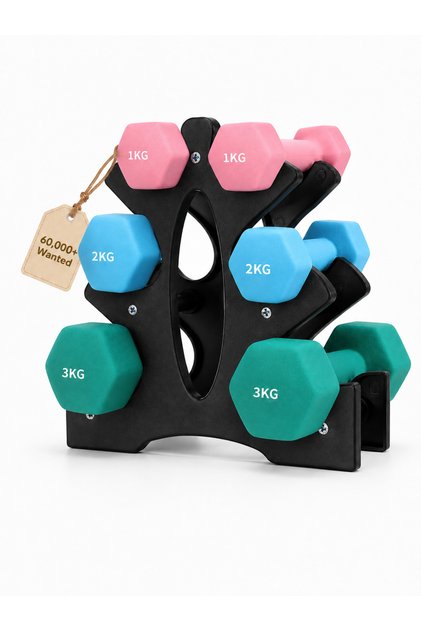 6Pcs Dumbbell Set with Compact Storage Rack, 1KG 2KG 3KG Color-Coded Hex Hand Weights, Non-Slip Soft Grip Dumbbells for Women, Home Gym Workout, Strength Training & Fitness Exercise