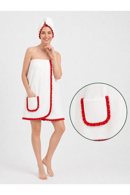 Women's Cotton Bath and Sauna Set – Ruffle Detailed Towel and Hair Cap