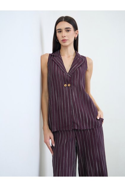 Burgundy Striped Waistcoat and Wide Leg Pants Co-ords