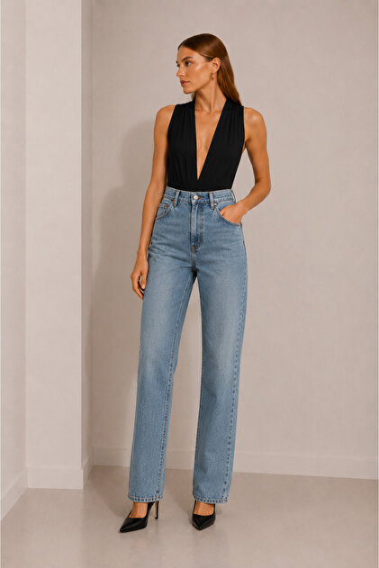 Kadın Vatkalı Derin V Yaka Esnek Pamuklu Bodysuit Body Siyah