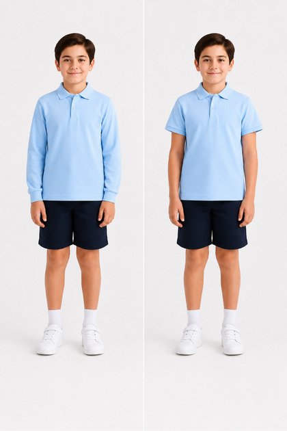 100% Cotton Blue Long Sleeve & Short Sleeve 2-Piece Polo Collar T-Shirt