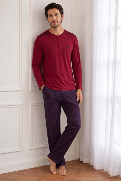 Men's Long Sleeve 100% Cotton Pajama Set Claret Red