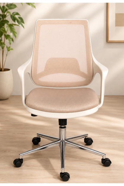 Modern Fileli Çalışma Koltuğu – Ergonomik Ofis Koltuğu, Nefes Alabilen Mesh Sırt, Krom Ayaklı, Tekerlekli Bilgisayar Koltuğu – Krem Bej
