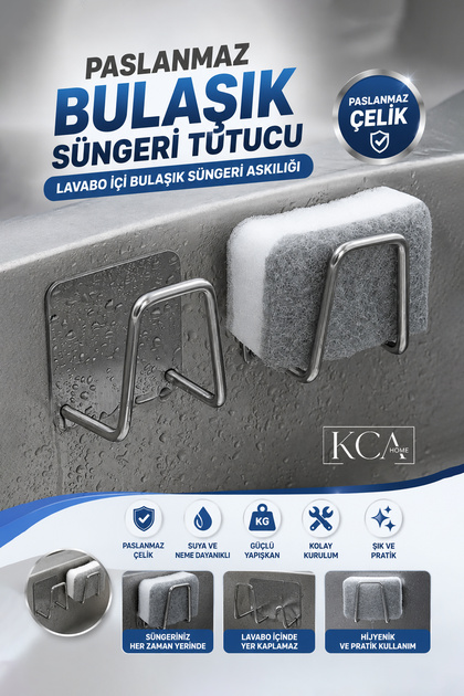 Paslanmaz Bulaşık Süngeri Tutucu, Krom Yapışkanlı Sünger Tutucu, Lavabo İçi Bulaşık Süngeri Askılığı