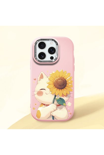 iPhone 16 Pro Compatible Case with Camera Protector Pink Silicone Couple Phone Case with Cat Pattern