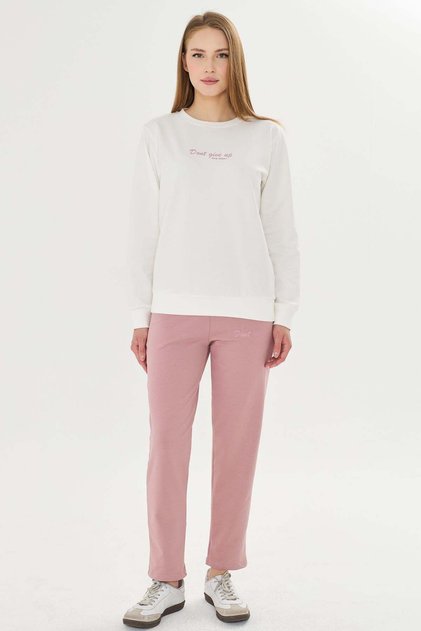 Women's Cotton Crew Neck Printed Tracksuit Set Pink 8511-P