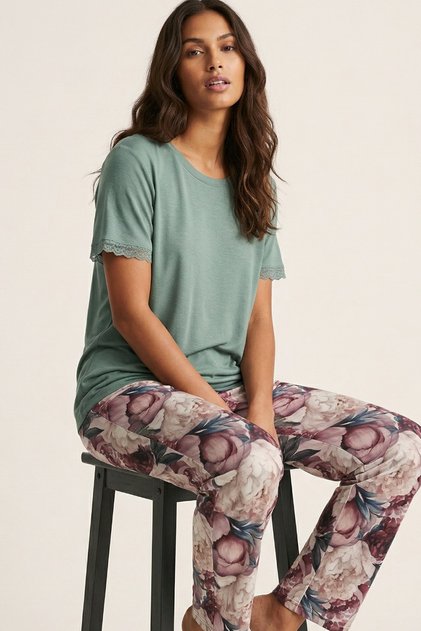 Green Patterned Viscose Knitted Pajama Set26120787