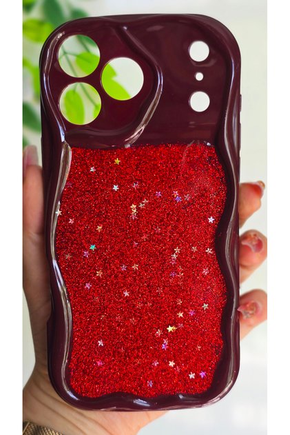iPhone 18 Pro Max Compatible Red Glittery Star Detailed Wavy Burgundy Silicone Case