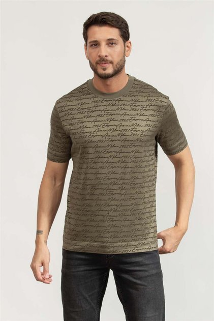 Men's Regular Fit Logo Embossed Patterned Round Neck Short Sleeve Green T-Shirt