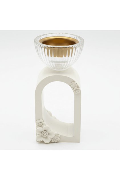 Cream Chalk & Crystal Glass Incense Burner | Floral Arch Design | 15 cm