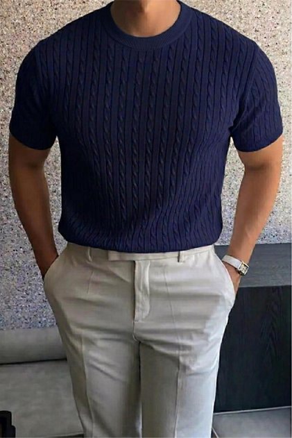 Kelly Luxury Series Men's Slim Fit Hair Knit Patterned Crew Neck Short Sleeve Knitwear T-Shirt