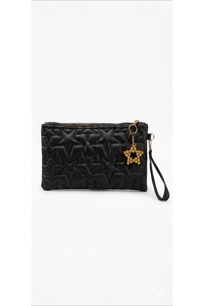 Black Star Quilted Portfolio Bag Wristlet Bag + Gift Pearl Star Charm